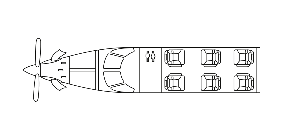 Floorplan of the Pilatus PC12 NGX showing cockpit, seating, and lavatory arrangement.